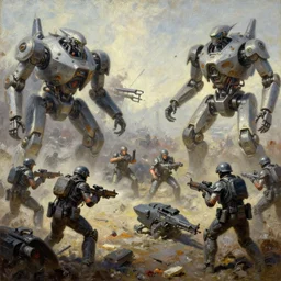oil painting of futuristc battlefield humans against ai robots, high technology, army, destruction, weapons and crafts, realistic shaded lighting, octaine rendering, wallpapper, magali villeneuve, trending on artstation