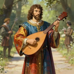 tanned medieval diplomat wearing colourful silk robes holding lute, natural lighting, path traced, highly detailed, high quality, digital painting, by don bluth and ross tran and studio ghibli and alphonse mucha, artgerm