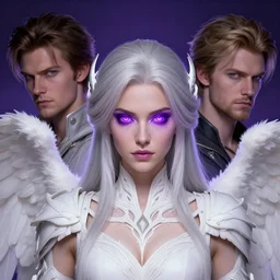 head and shoulder portrait by by darek zabocki, tom bagshaw and jordan grimmer, female, violet glowing eyes, white intricated clothes, angel wings, rpg, artstation, digital art