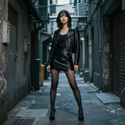 a perfect 8K HD professional photo of japanese girl posing, wearing leather jacket, miniskirt, pantyhose and high heels in sci-fi dystopian alleyway, at instagram, Adobe Lightroom, taken with kodak portra