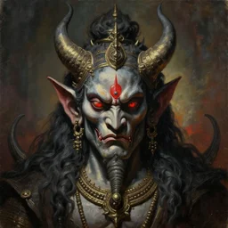 a beautiful majestic gothic headshot portrait of colossal demon god india, oil on canvas, by caspar david friedrich, by abraham pether, by greg rutkowski, trending on artstation, featured on pixiv, color scheme by tim hildebrandt and simon stalenhag, masterpiece, dramatic cinematic composition, brilliant aesthetic lighting, sharp, highly detailed, hd, 8 k