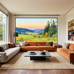 a beautiful modern living room, by jean delville, by edmund dulac, by jean giraud, by ellen jewett, landscape photography composition, vivid colors, octane render, redshift render