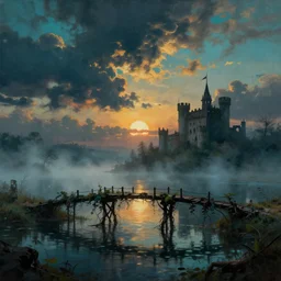very textured post apocalyptic moody panoramic cinemascope background , sunset, cyan fog , vine bridge silhouette over lake , dramatic sky , abandoned castle far away, backlight , oil painting art by frazetta