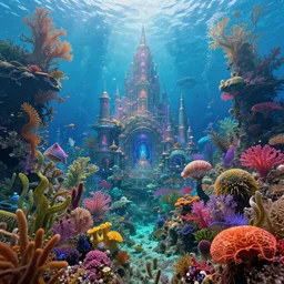 a photorealistic detailed image of a beautiful vibrant iridescent underwater seascape of full of colorful aquatic plants and hidden cities, spiritual science, divinity, utopian, by david a. hardy, hana yata, kinkade, lisa frank,