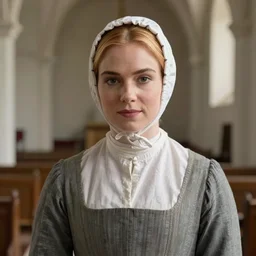 beautiful portrait of christina hendricks wearing a bonnet and puritan dress in a calvinist church in 1 6 3 8
