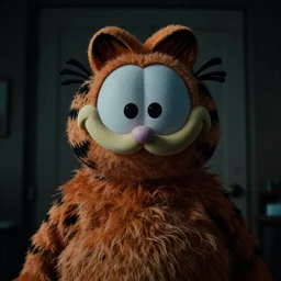 garfield in a found footage horror movie, dark, scary