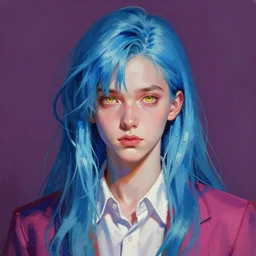 ilya kuvshinov with long sky blue hair, gold eyes, amber eyes, boyish face, professional digital painting, wild brush strokes, concept art, award - winning photography, cinematic, uniform background, collared shirt, crazy, yandere, wlop, color block, pop, hip, art by andy warhol, pixiv art, yoshitaka amano
