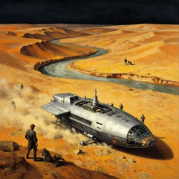 the crash site by ivan shishkin and zacharias aagaard and simon stalenhag and escher, spaceship in a dry river bed, barren desert, chiaroscuro, tonalism, sfumato, high saturation, high contrast, vibrant, highly intricate details, dusty