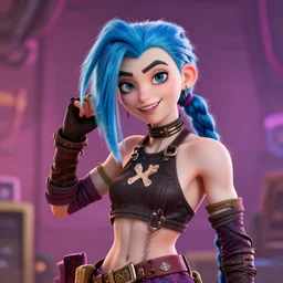 still of pretty Jinx (Arcane) in KDA More music video. 3d render, octane render, game art, realistic, highly detailed, trending on artstation, 4k, trending on artstation, pixar, cgsociety, unreal engine 5, redshift render, trending on artstation, blender, behance, cg