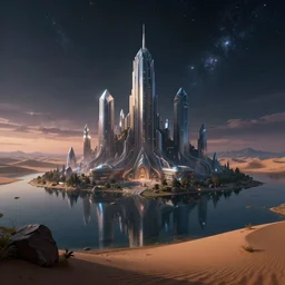 architecture by asher brown durand, cyberpunk tundra liberty city desert cosmic anime fantasy at night at dusk universe fisheye architecture island nightsky lake landscape crystal darkacademia, archdaily, wallpaper, highly detailed, trending on artstation.