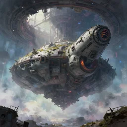 inside of a derelict alien spacecraft mothership concept art artwork by masanori warugai, intricate detailed 4 k, soft light, volumetric fog, soft glow, eerie, urban fantasy, colorful