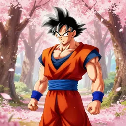samurai goku in a spring forest full of pink petals, digital art, ilustration, HDR