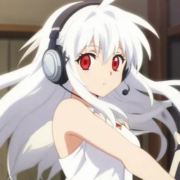 anime film still portrait of a japanese young woman, large, red eyes, white hair!!!!!, long, wearing wireless headphones, dynamic pose, cute face by ilya kuvshinov, bakemonogatari, masakazu katsura, rimlight, anime cel shaded, 4 k, white hair long