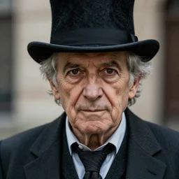 an old boy with grey hair and black eyes wearing a suit and top hat, D&D, high detail, photorealistic, portrait