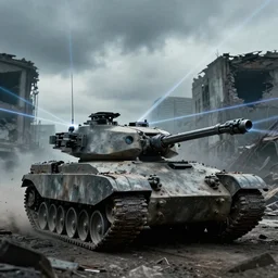 movie film shot of the opening from terminator, 4 k, highly detailed, cloudy, lasers, robot tanks, treads, ruined buildings, grimy, dirty, directed by james cameron