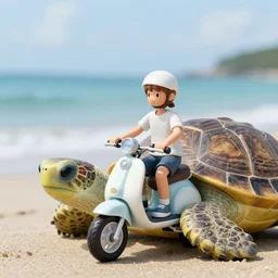a tiny motorbike, riding a bicycle, on the sea, on a giant turtle, eyes in the background