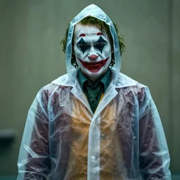 The Joker (2019) wearing a transparent raincoat