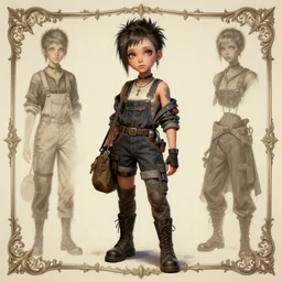 a bust of a beautiful androgynous punk girl with short hair and beautiful eyes, beautiful face, wearing tall combat boots, who is a mechanic wearing overalls carrying a bag, digital concept art, detailed digital painting, ornate decorative border, by j. c. leyendecker and edward blair leighton and charlie bowater, trending on artstation