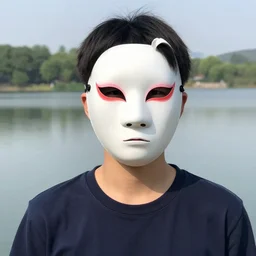 A devious teen with a unique hannya mask by kim jung gi, lake in the background