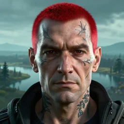 an ultra realistic, cinematic, headshot portrait, of a cyberpunk old man with red short hair and tattoos, branches, facial features, background of a vast serene landscape, with trees and rivers, detailed, deep focus, movie still, dramatic lighting, ray tracing, by michal karcz and yoshitaka amano