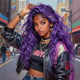 oil painting of a punk rock desi college student by raphael, long wavy purple hair, indian girl with brown skin, tokyo fashion, detailed character art, girly, concept art, portrait, japanese streetwear, dramatic pose, shoujo character design, character art, femme, urban, vibrant, highly detailed, Akihiko Yoshida
