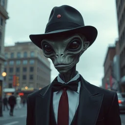 an alien wearing a tuxedo and a bowler hat, in a city, photorealistic