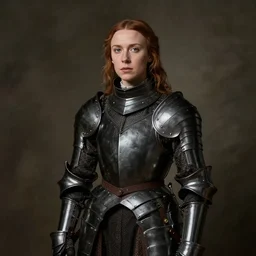 medieval portrait of millie bobby brown dressed as a knight in black armor, in the style of eugene de blaas