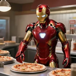 film still from new avengers movie ironman wearing ironman suit working in a pizza parlor behind counter making pizza, 4 k