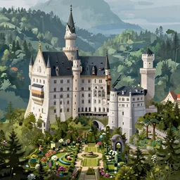 huge castle city in the forest behind a garden, concept art, digital painting, style of jordan grimmer, warm lighting, futuristic, volumetric lighting, view from below, vivid colours, bright, daytime, godrays, high detail