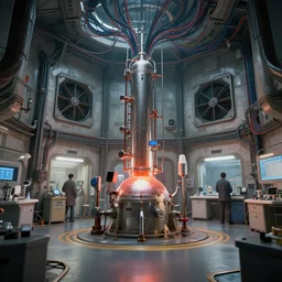 interior of a lab with a reactor in the middle of the room and lots of wirings hanging from ceiling and pipes in the walls with big exhaust fan on the wall scifi, 8 k uhd, unreal engine, octane render in the artstyle of finnian macmanus, john park and greg rutkowski
