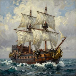pirate ship at sea, rolling waves, masterful oil painting