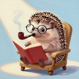 intellectual hedgehog, smart hedgehog, hedgehog with glasses, hedgehog with pipe, sitting in chair, reading a book, smoking pipe, clean, cute, bright colors, clear lines, painted by mary jane ansell