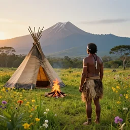 sunrise, summer, flowers, luscious grass, indigenous man, hunter, aboriginal, standing, looking at the mountains, back turned, beautiful detailed, teepee, campfire, by greg rutkowski, cgsociety