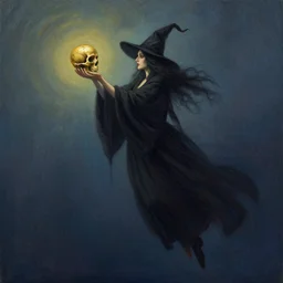a witch. floating in the sky with a golden skull in her hands. she wear a long dark robe. painted by barbara canepa and alessandro barbucci.