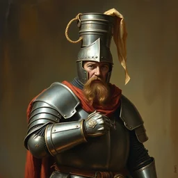 one - armed medieval armored knight with bucket on his head, painting