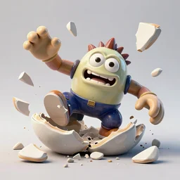 dissection of funny ceramic exploding crash miniature toy Figure monster falling apart 8K, zbrush, c4d, in a Studio hollow, surrounded by flying parts, from avengers, explosion drawing, by pixar, beeple,