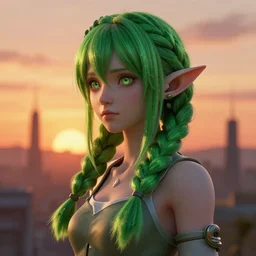 worksafe. insanely detailed. by wlop, ilya kuvshinov, krenz cushart, greg rutkowski, pixiv. zbrush sculpt, octane, maya, houdini, vfx. elf girl with braided green hair. sunset. by ayami kojima. cinematic dramatic atmosphere, sharp focus, volumetric lighting.
