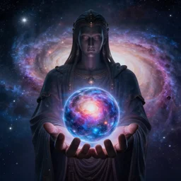 a giant god like being holding the universe in the palm of his hand with galaxies in the backround, 8 k, unreal engine 6, hyper realism,