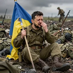 a caricature of Volodymyr Zelensky at war,  dressed like  a Vietnam war American soldier ,  sitting on the ground between dead corpses , crying and weeping, holding a half burnt  flag of Ukraine,  by Drew Struzan