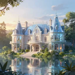 a beautiful photorealistic anime illustration of building nature manor by odile decq, hyperrealism retro made of glass at dawn morning sun apocalyptic anime uv light magic realism lake, archdaily, wallpaper, highly detailed, trending on artstation.