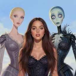 still film of olivia rodrigo in the corpse bride if made by krenz cushart and wenjun lin, portrait, illustration, rim light, top light, summer clear blue sky, perfectly shaded, soft painting, epic, intricate, art