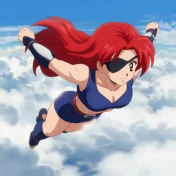 a photo of a female saiyan warrior, red hair, wearing an eyepatch, flying in the clouds, 4 k uhd, portrait, by makoto shinkai