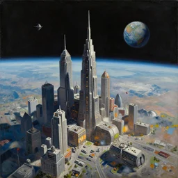 a painting of low earth orbit space city under war by john harris.