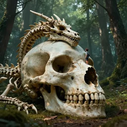 a boy living in the gigantic skull of an ancient dragon skeleton on the edge of the forest, cinematic lights, octane render, trending on artstation, artstationHD, artstationHQ, unreal engine, 8k