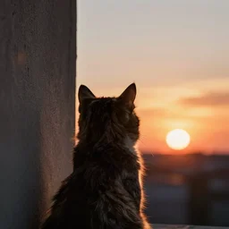 a stunning ultra detailed close up photo of a silhouette of the back of a furry cat on a wall watching a sunset by tomasz alen kopera and artgerm, backlight, backview, 8 5 mm, golden hour hues, sunset sky, deep depth of field, artstation, 8 k, highly coherent