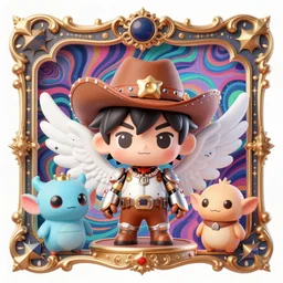 baroque bedazzled gothic royalty frames surrounding a 3 d render of chibi cyborg goblin elf by ichiro tanida wearing a big cowboy hat and wearing angel wings against a psychedelic swirly background with 3 d butterflies and 3 d flowers n the style of 1 9 9 0's cg graphics 3 d rendered y 2 k aesthetic by ichiro tanida, 3 do magazine