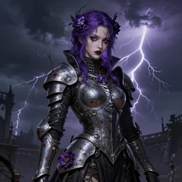 portrait of beautiful gothic young mainem, thunderstorm, cyber armor, a lot of scars, more and more flowers, purple head, the middle ages, highly detailed, artstation, illustration, art by jean delville, 8 k quality, art by greg gandy and dragan bibin, gustav klimt