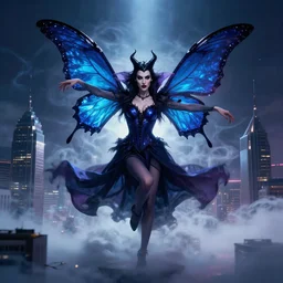 hyperrealistic portrait of a dancing vampire witch, sapphire butterfly wings, mystical misty smoke, skyscrapers above the clouds. author : jeremy mann, alma tadema, bouguereau, james gurney, fantasy art, photorealistic, dynamic lighting, artstation, poster, surround lighting, 4 k