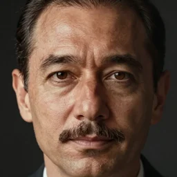 man in his late 50s has an elongated face with a prominent nose, short mustache with a receding hairline and brown eyes