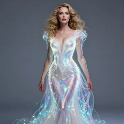 annie leibovitz style photoshoot editorial of gugu mbatha - raw as sue storm, the invisible woman from the fantastic four, she is wearing a beautiful iridescent shimmering, glowing jellyfish like wedding dress made from her force field powers, hyperreal, magical, translucent, iridescent, studio lighting, soft focus, bokeh, 5 0 mm